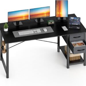 Sweetcrispy 48 Inch Computer Desk with Drawers for Home Office, Writing Desk with X-Shaped Reinforcement, Wood Table with Adjustable Position Drawers, Modern Study Work Table with Side Hook, Black