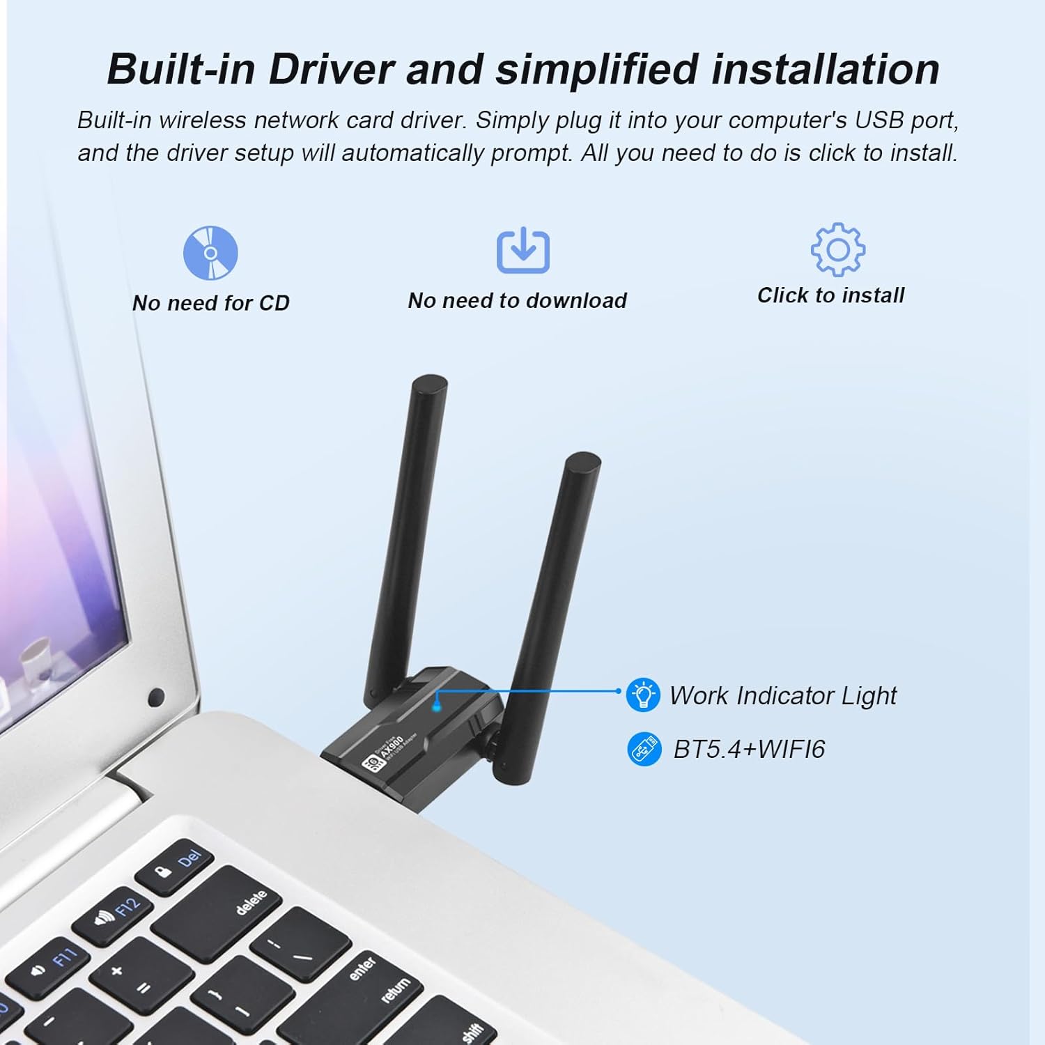 usb wifi 6 adapter & bluetooth 5.4 900mbps dual band 5g/2.4g, 5dbi antenna for desktop pc laptop, built in driver windows 11/10/7
