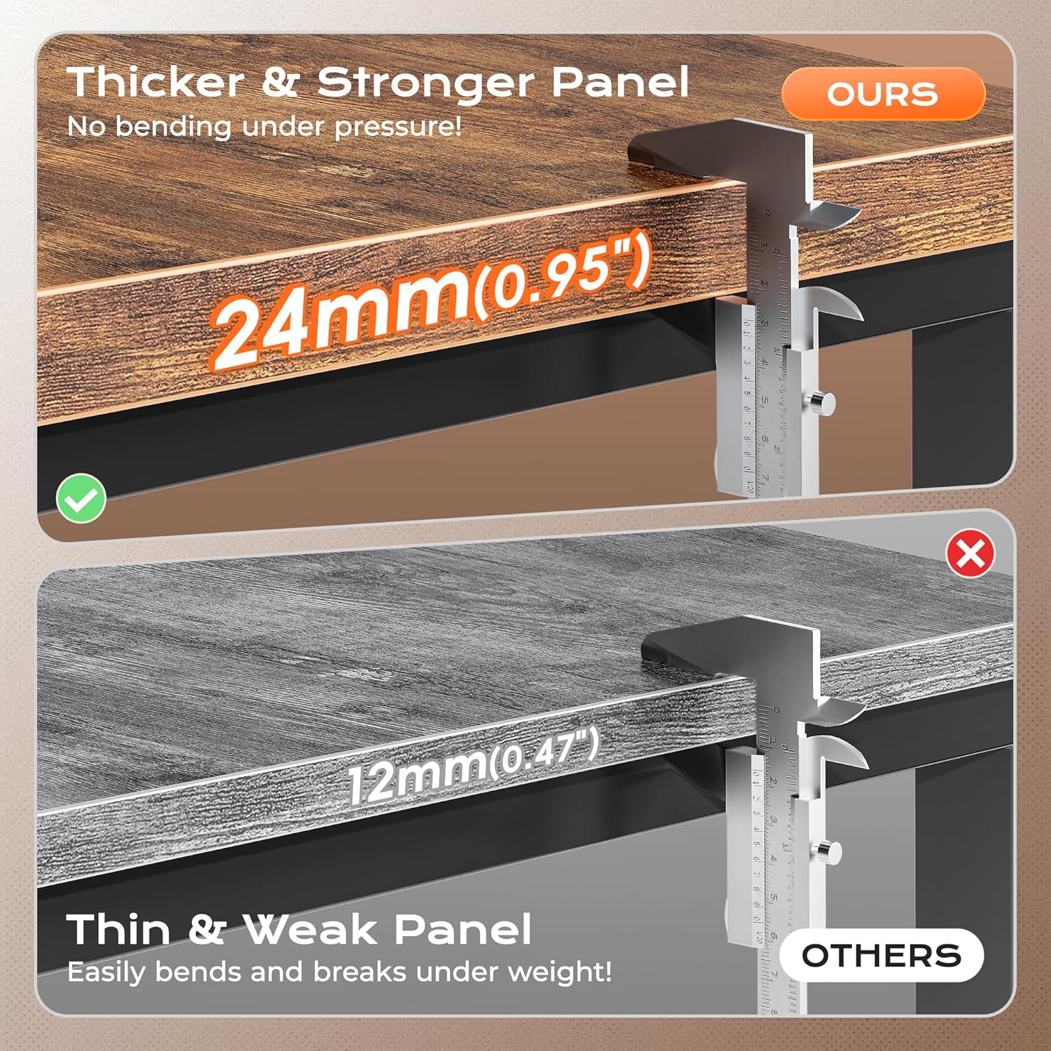 huuger 63 x 24 inch desk with power outlets & usb c, deeper & thicker desktop, robust metal tubes, computer desk, heavy duty office desk, work gaming desk, for home office, rustic brown