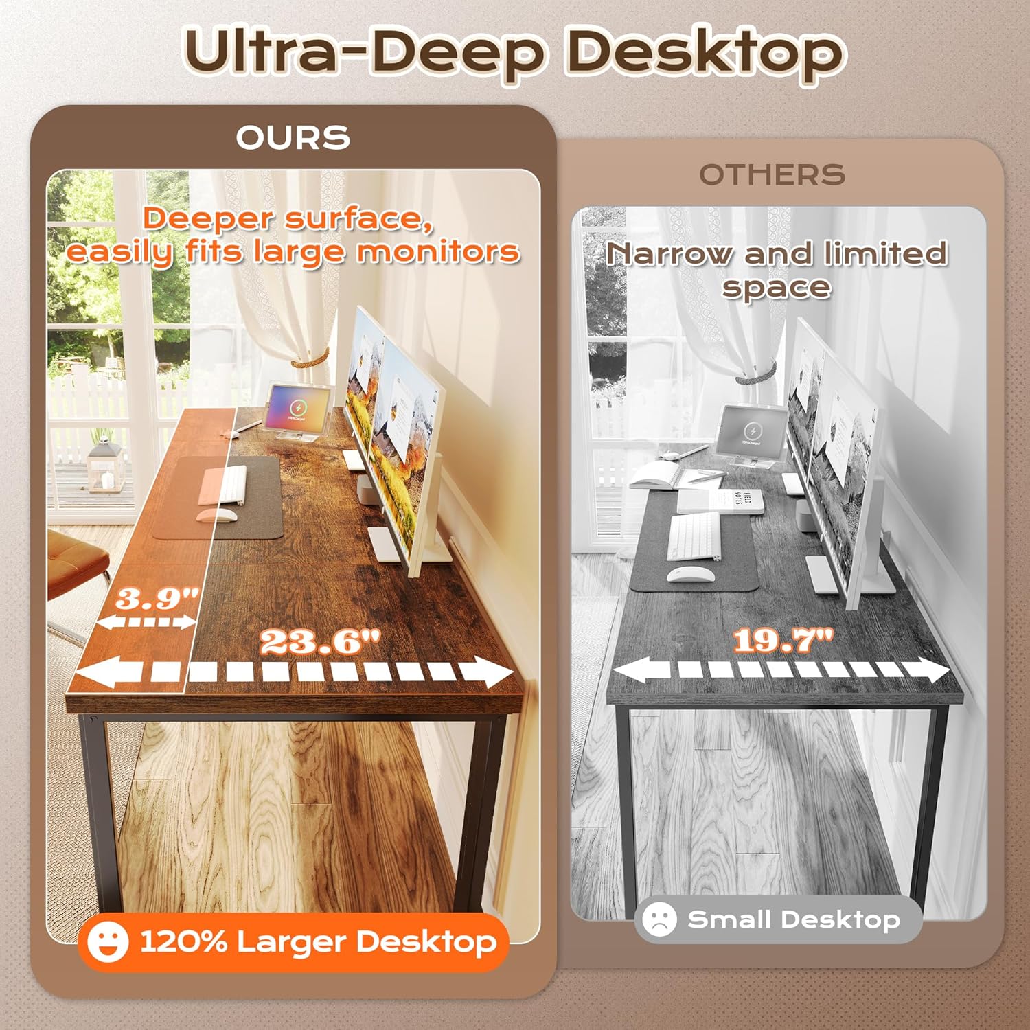 huuger 63 x 24 inch desk with power outlets & usb c, deeper & thicker desktop, robust metal tubes, computer desk, heavy duty office desk, work gaming desk, for home office, rustic brown