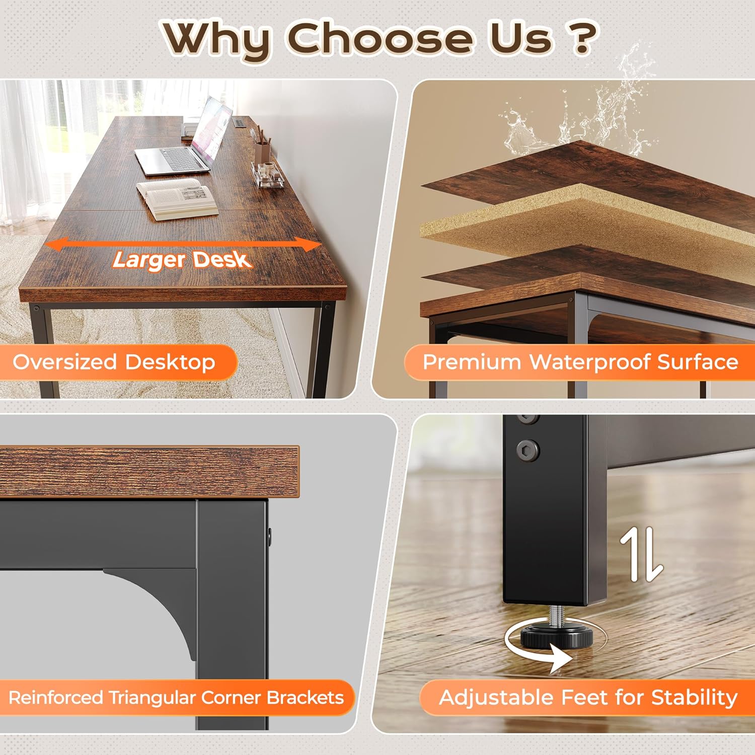 huuger 63 x 24 inch desk with power outlets & usb c, deeper & thicker desktop, robust metal tubes, computer desk, heavy duty office desk, work gaming desk, for home office, rustic brown