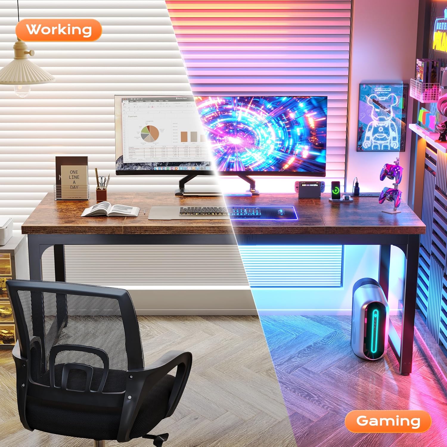 huuger 63 x 24 inch desk with power outlets & usb c, deeper & thicker desktop, robust metal tubes, computer desk, heavy duty office desk, work gaming desk, for home office, rustic brown