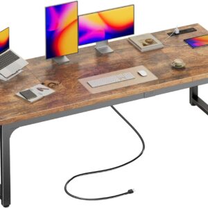 Huuger 63 x 24 inch Desk with Power Outlets & USB-C, Deeper & Thicker Desktop, Robust Metal Tubes, Computer Desk, Heavy Duty Office Desk, Work Gaming Desk, for Home Office, Rustic Brown