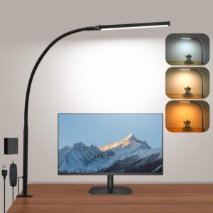 Led Desk Lamp for Home Office, Eye-Caring Desk Light with Clamp, Clip on Light for Reading, 3 Modes 10 Brightness, Flexible Goose-Neck, Memory Function, Study, Work, Draw, Black