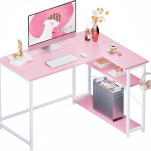 Pamray 43 Inch L Shaped Computer Desk with Reversible Side Storage Shelves, Small Corner Desk for Small Space Home Office,Writing Study Table PC Desk for Bedroom,Pink with White Leg