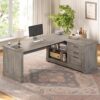 SEDETA Executive Desk, 61" Farmhouse L Shaped Desk with File Drawers, Office Desk with Drawers and Power Outlets, Computer Desk with Storage Shelves for Home Office, Grey