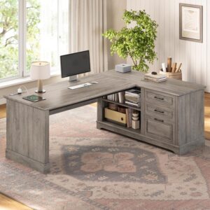 SEDETA Executive Desk, 61" Farmhouse L Shaped Desk with File Drawers, Office Desk with Drawers and Power Outlets, Computer Desk with Storage Shelves for Home Office, Grey
