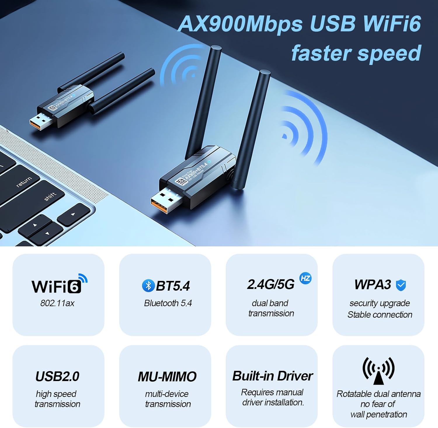 usb wifi 6 adapter & bluetooth 5.4 900mbps dual band 5g/2.4g, 5dbi antenna for desktop pc laptop, built in driver windows 11/10/7